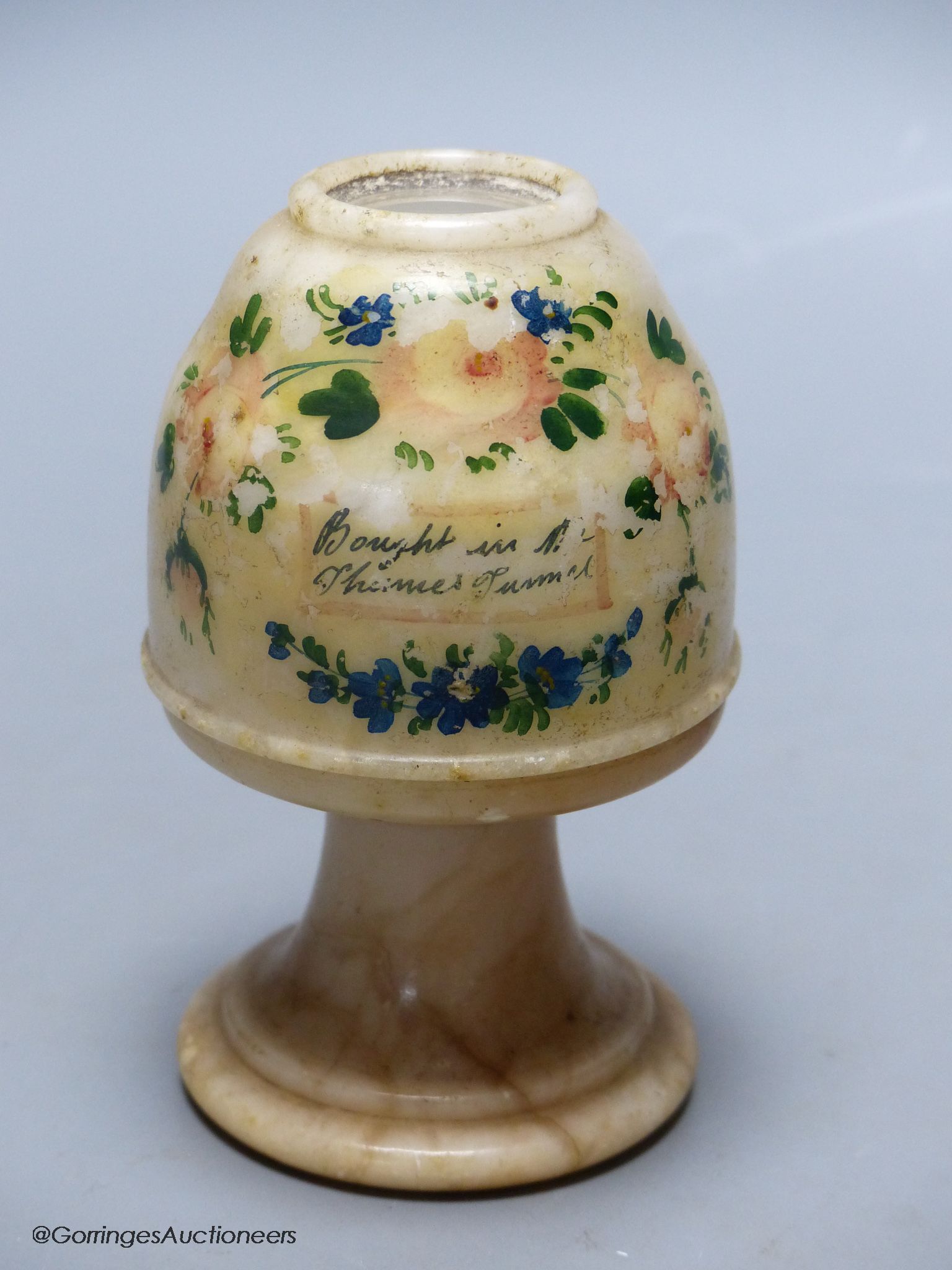 A 19th century alabaster souvenir Stanhope peep vase, Thames Tunnel view, height 11cm